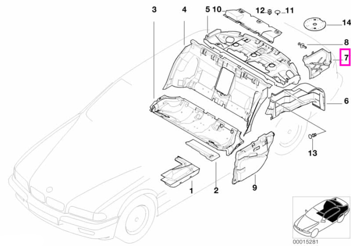 Ornament fonoabsorbant portbagaj, stanga - BMW Seria 7 E38
