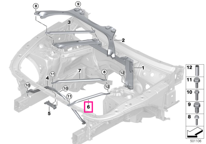 Bara transversala, structura caroserie, fata, stanga - BMW Seria 5 G30 G31 G38, Seria 8 G14 G15 G16