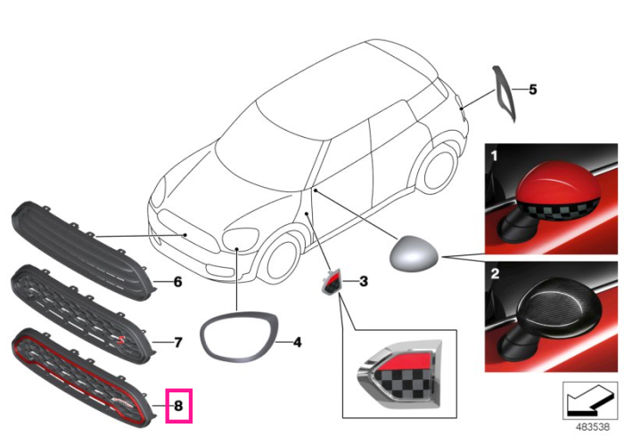 Grila ornamentala JCW, fata, motor, Negru/Rosu (Piano Black) - Mini Countryman F60