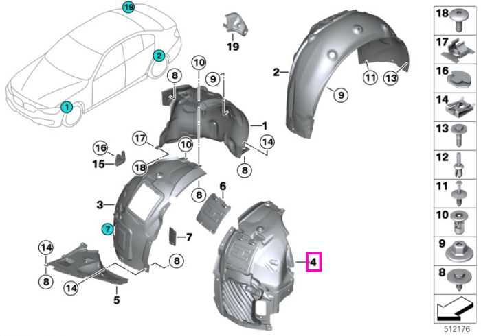Carenaj pasaj roata aripa fata, stanga, sectiunea frontala - BMW Seria 4 F32 F33 F36