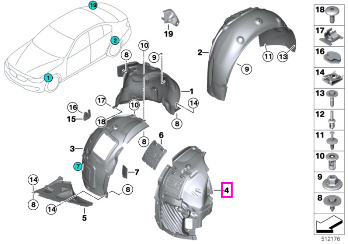 Carenaj pasaj roata aripa fata, dreapta, sectiunea frontala - BMW Seria 4 F32 F33 F36