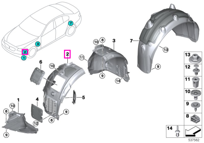Carenaj pasaj roata fata, dreapta, sectiune frontala - BMW Seria 5 G30 G31 G38