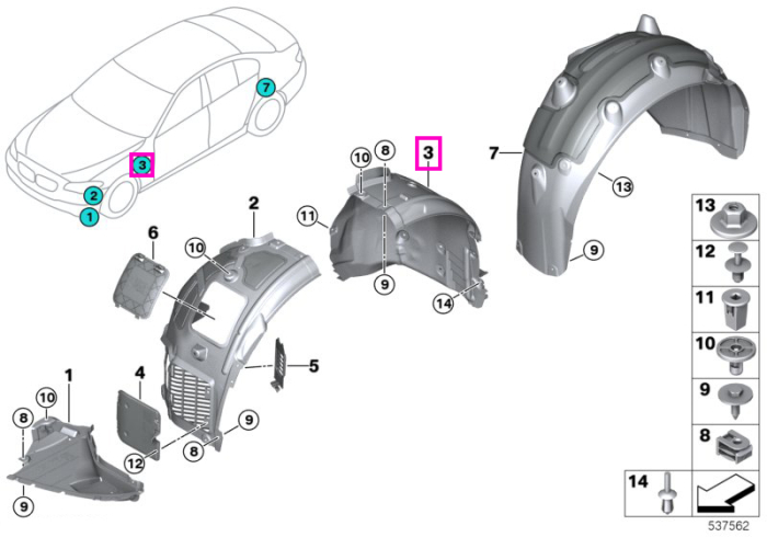 Carenaj pasaj roata fata, stanga, sectiune posterioara - BMW Seria 5 F90 M5 - tip motor S63M