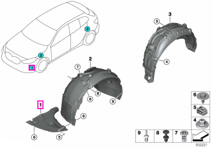 Carenaj inferior pasaj roata fata, dreapta - BMW Seria 1 F40, Seria 2 F44