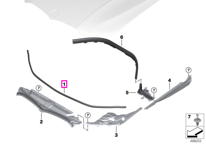 Garnitura etansare capota motor, fata - BMW Seria 3 G20 G21 G28 G80 G81 M3, Seria 4 G22 G23 G26 G82 G83 M4, i3L G28 BEV, i4 G26
