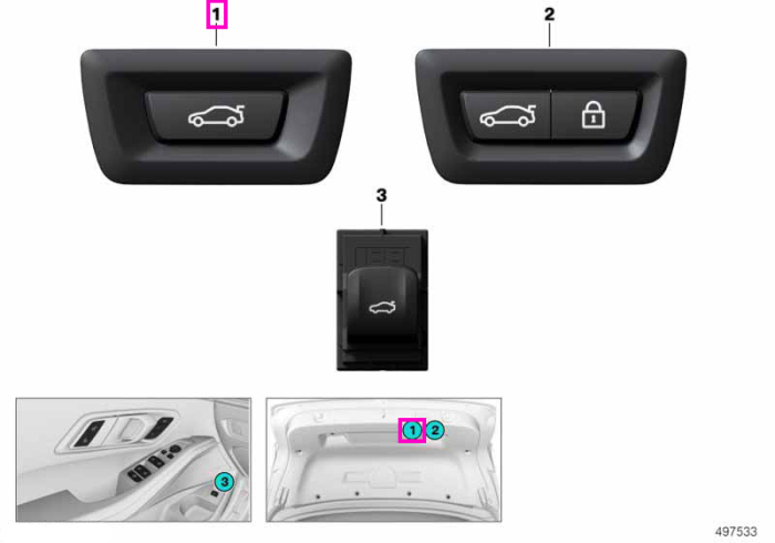 Buton deschidere hayon - BMW Seria 1, Seria 2, Seria 3, Seria 4, Seria 5, Seria 6, Seria 7, Seria 8, i3, i4, iX3 G08, X1 F48, X2 F39, X3 F25 G01 G08 F97 M, X4 F26 G02 F98 M, X5 F15 G05 G18 F85 F95 M, X6 F16 G06 F86 F96 M, X7 G07 - Mini Countryman F60