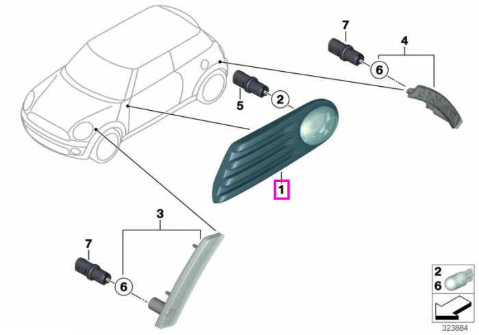 Lampa semnal aditionala, pe aripa fata, stanga, lumina alba - Mini Cabrio R57, Clubman R55, R56