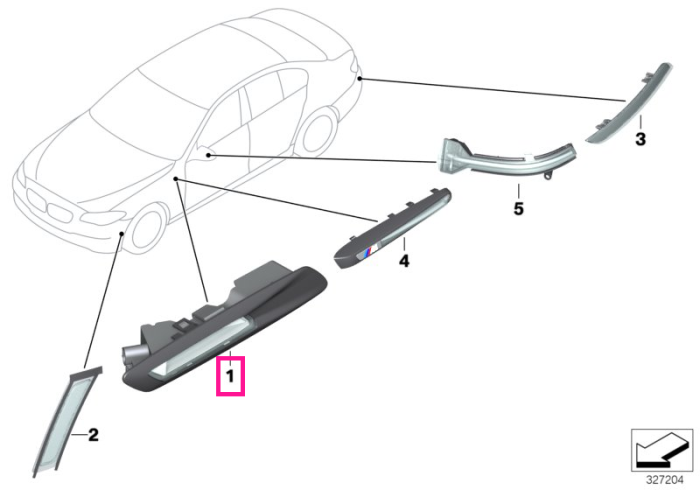 Lampa aditionala semnalizare, pe aripa stanga - BMW Seria 5 F10 F11 F18 - fara Park Assist