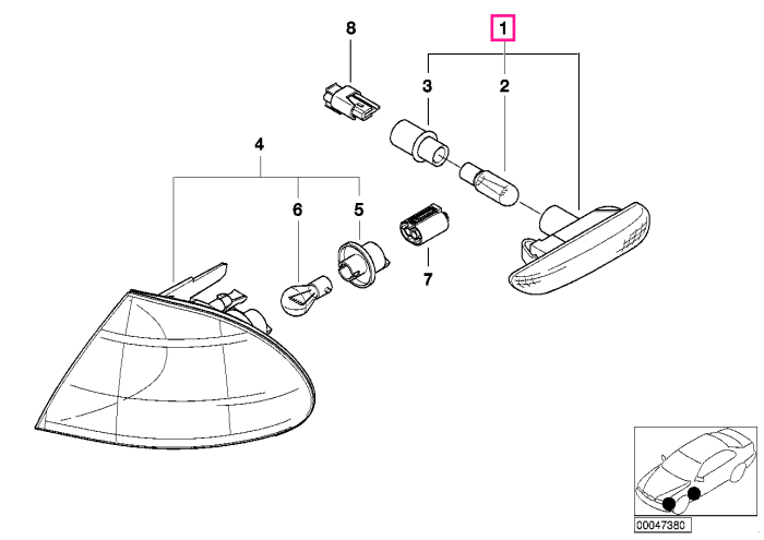 Lampa aditionala semnal, pe aripa dreapta, lumina galbena - BMW Seria 3 E46 - pana la 28.02.2003