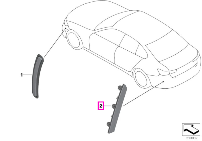 Catadioptru/Ornament reflectorizant bara protectie spate, stanga - BMW Seria 1 F70, Seria 3 G80 G81 M3, Seria 4 G82 G83 M4