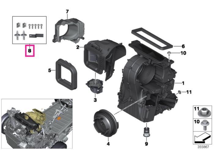 Set montaj carcasa aeroterma - BMW Seria 1 F40 F52, Seria 2 F44 F45 F46, i3 I01, X1 F48 F49, X2 F39 - Mini Cabrio F57, Clubman F54, Countryman F60, F55, F56