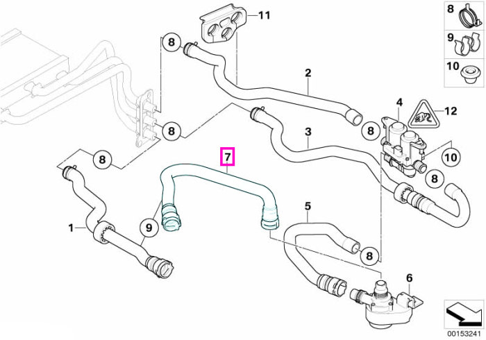 Furtun pompa auxiliara apa/circuit distributie sistem climatizare - BMW Seria 5 E60 E61, Seria 6 E63 E64