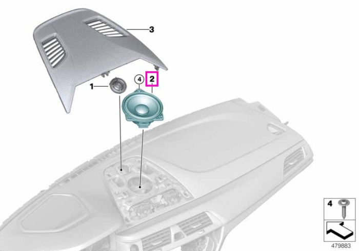 Difuzor frecvente medii, bord/polita spate (Bowers & Wilkins High End Sound System) - BMW Seria 5 G30 G31 G38 F90 M5, Seria 6 G32, Seria 7 G11 G12, Seria 8 G14 G15 G16 F91 F92 F93 M8
