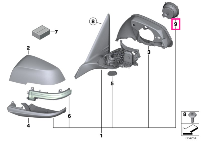 Motor reglare oglinda laterala dreapta - BMW Seria 1 F20 F21, Seria 2 F22 F23 F87 M2 G42, Seria 3 F30 F31 F34 F35 G20 G21, Seria 4 F32 F33 F36 F82 M4 G22 G26 G82 M4, i3 I01, i4 G26, X1 E84, X2 F39, Z4 G29