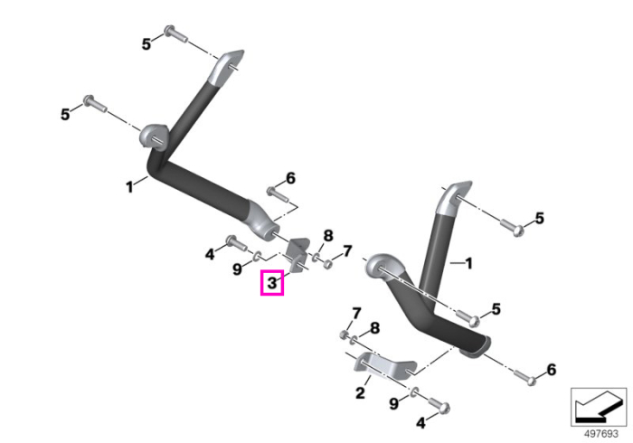 Suport/Brida rigidizare bare protectie motor, dreapta - BMW Motorrad K69 (S 1000 XR), KM9 (M 1000 XR) - tip motor A67