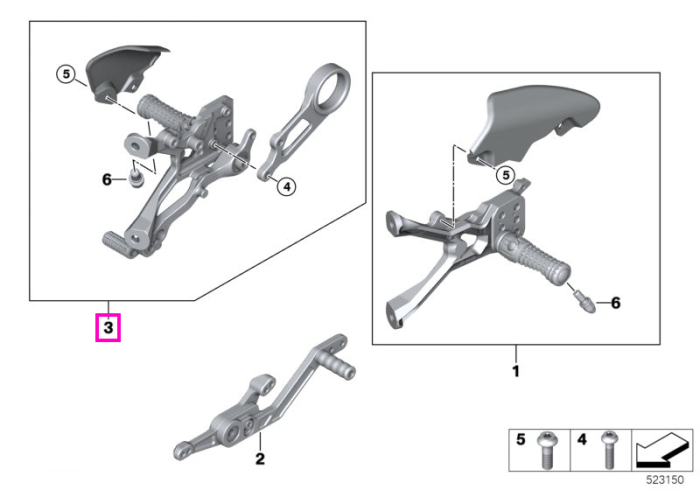 Set pedalier dreapta (Racing) - BMW Motorrad K66 (M 1000 RR), K67 (S 1000 RR) - tip motor A67