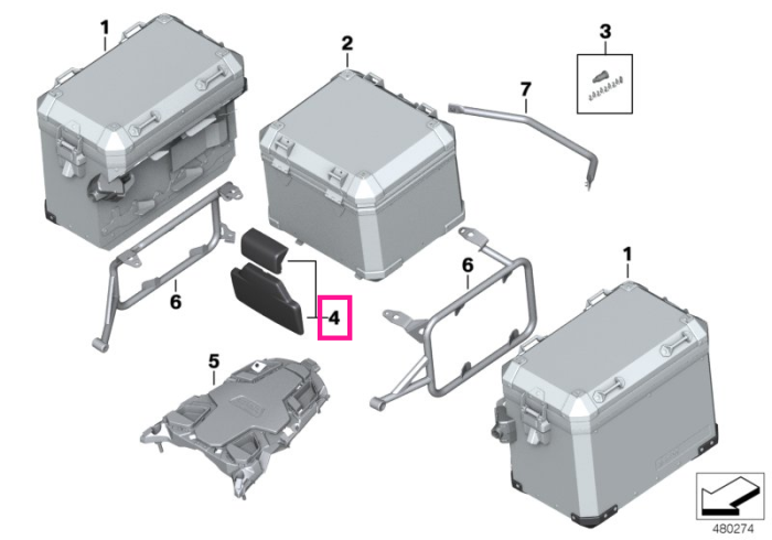 Set perna spatar topcase din aluminiu - BMW Motorrad K25 (R 1200 GS Adventure), K50 (R 1200 GS, R 1250 GS), K51 (R 1200 GS Adv., R 1250 GS Adv.), K72 (F 800 GS), K75 (F 800 GS Adventure), K81 (F 850 GS), K82 (F 850 GS Adv., F 900 GS Adv.)