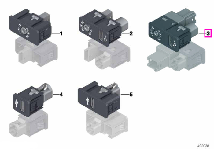 Mufa USB/AUX-IN comutabila - BMW Seria 1 F20 F21, Seria 2 F22 F23 F87 M2, Seria 3 F30 F31 F34 F35 F80 M3, Seria 4 F32 F82 F83 M4, X1 F48 F49 - Mini Cabrio R57, Clubman R55, Countryman R60, Coupe R58, Paceman R61, Roadster R59, R56